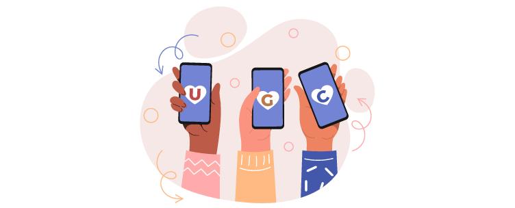 three hands, holding one phone each. Each phone has one letter. The picture spells out "UGC"